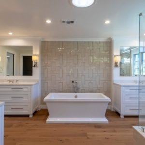 Serene transitional master bathroom remodel in Bell Canyon by JRP Design and Remodel