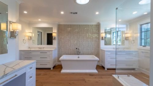 Serene transitional master bathroom remodel in Bell Canyon by JRP Design and Remodel