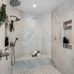 Transitional master bathroom by JRP Design and Remodel in Westlake Village