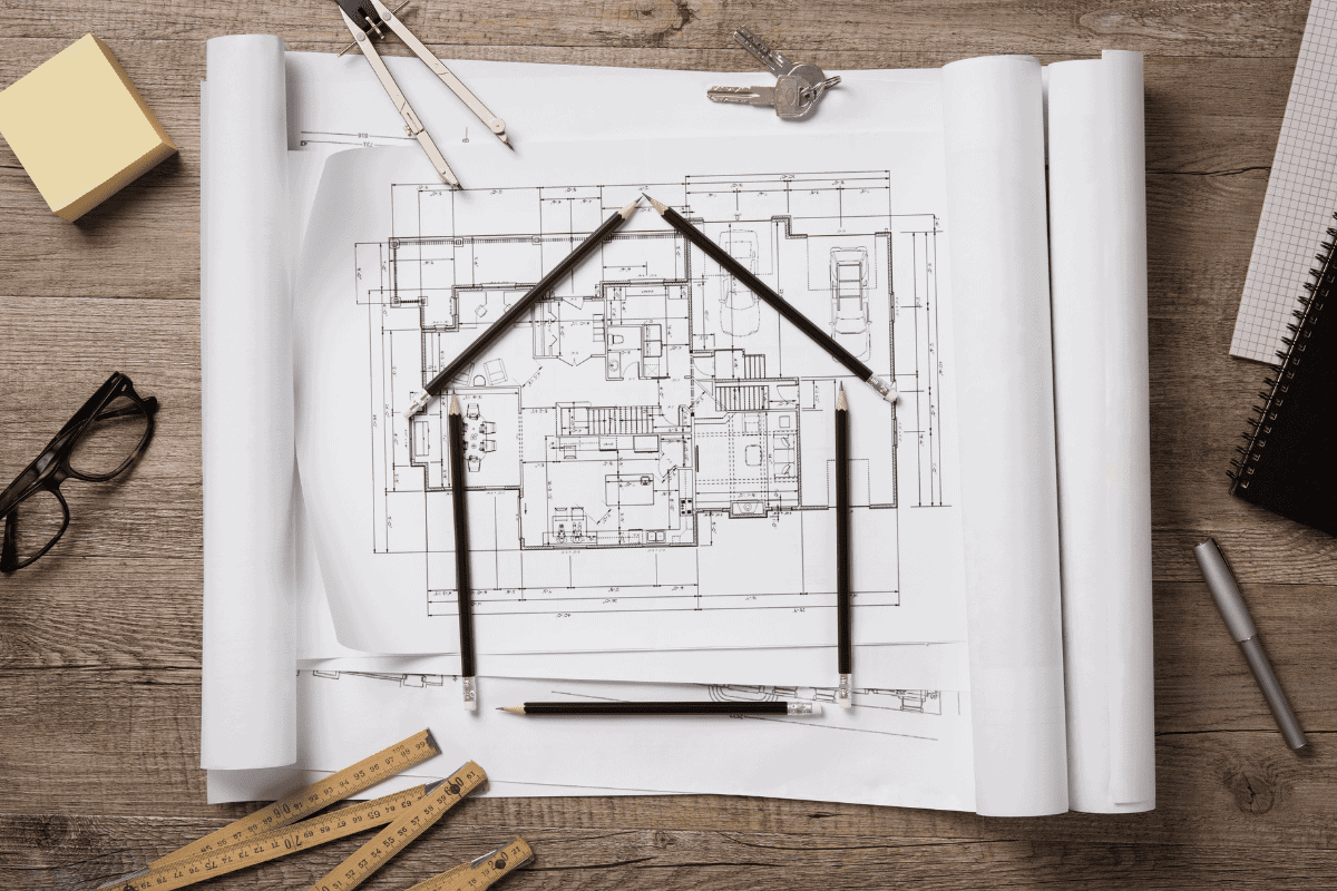 Blueprints and architectural tools, including pencils and rulers, arranged on a wooden table. Pencils are positioned in the shape of a house above the blueprints. Glasses and keys are placed nearby.