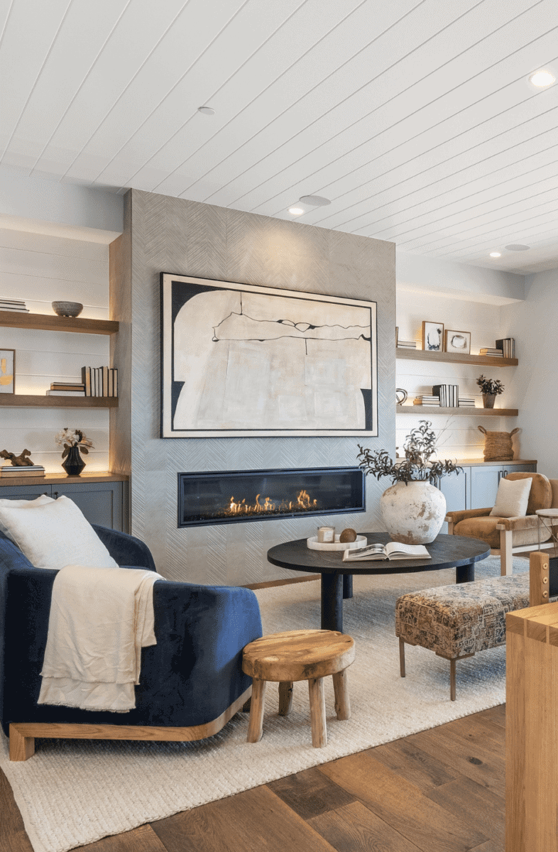 A modern living room with a cozy fireplace, blue armchair, wooden stool, large abstract artwork, and floating shelves decorated with books and ornaments. The design brings a touch of Carrita Seaview charm to the space.