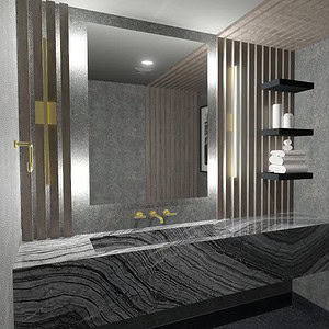 A modern bathroom with sophisticated glamour features a marble sink, a large mirror, a chic light fixture, and open shelving holding towels and toiletries. A black and white framed photo hangs on the textured wall.