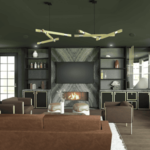 A modern living room exuding sophisticated glamour, with dark walls, a fireplace, a large TV, shelves, brown sofas, a sleek black grand piano, and a unique ceiling light fixture. Large windows flood the space with natural light.