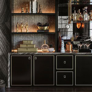 A modern home bar featuring shelves with decorative items, cabinets, liquor bottles, a mirrored backsplash, and a piano in the corner exudes sophisticated glamour.
