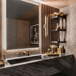 A contemporary bathroom exudes sophisticated glamour, featuring a large, illuminated mirror, marbled sink and countertop, gold fixtures, wooden accents, and tiered shelves with decor items. A framed photograph is visible on the wall.