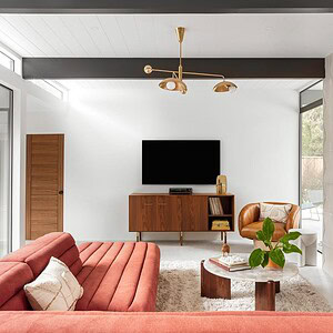 Modern living room featuring an Eichler Orange sofa, wood-paneled TV stand, wall-mounted TV, leather chair, fireplace, and a decorative plant on the coffee table.
