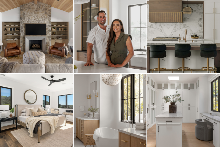Collage of six images: a living room, a couple in a kitchen, another kitchen, a bedroom, a bathroom, and a bright kitchen. Each room showcases modern design-build elements with neutral tones and upscale furnishings.