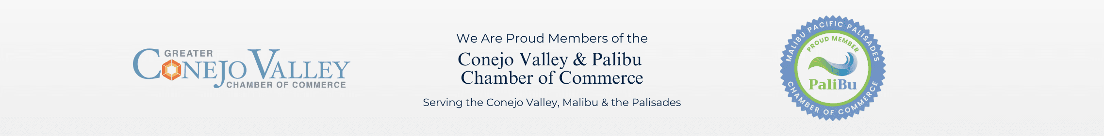 Grey Blue Fine Lines Leaderboard Ad Banner displaying logos and text stating membership in the Conejo Valley & Malibu Chamber of Commerce, serving Conejo Valley, Malibu, and surrounding areas as a trusted design-build firm.