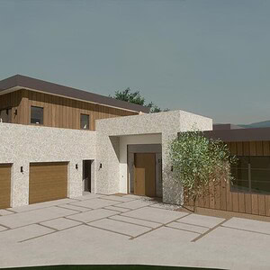 3D Rendering of organic modern custom home in Calabasas home being redesigned by JRP Design and Remodel.