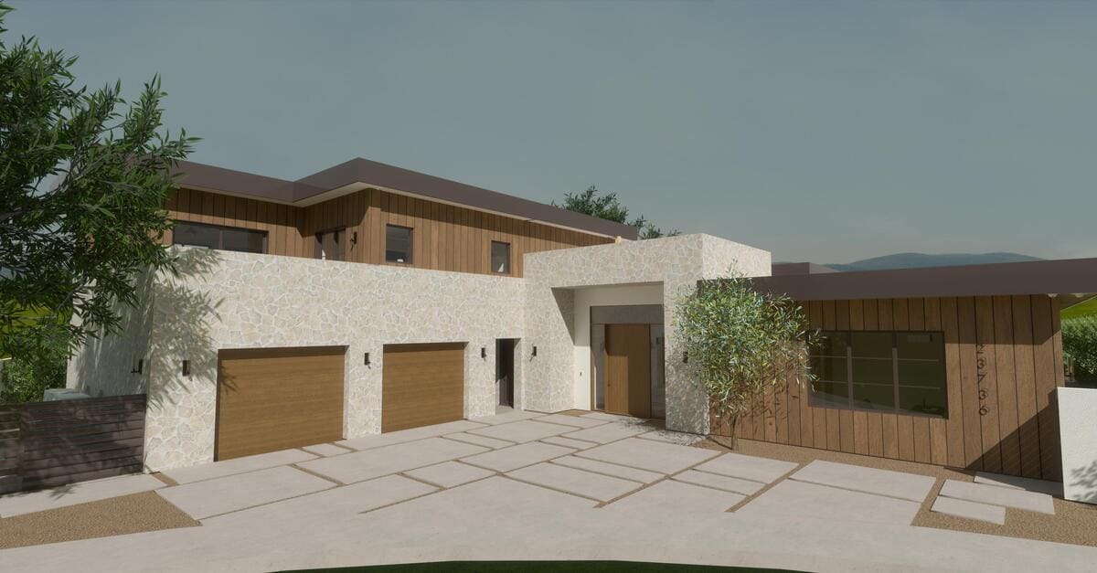 3D Rendering of organic modern custom home in Calabasas home being redesigned by JRP Design and Remodel.