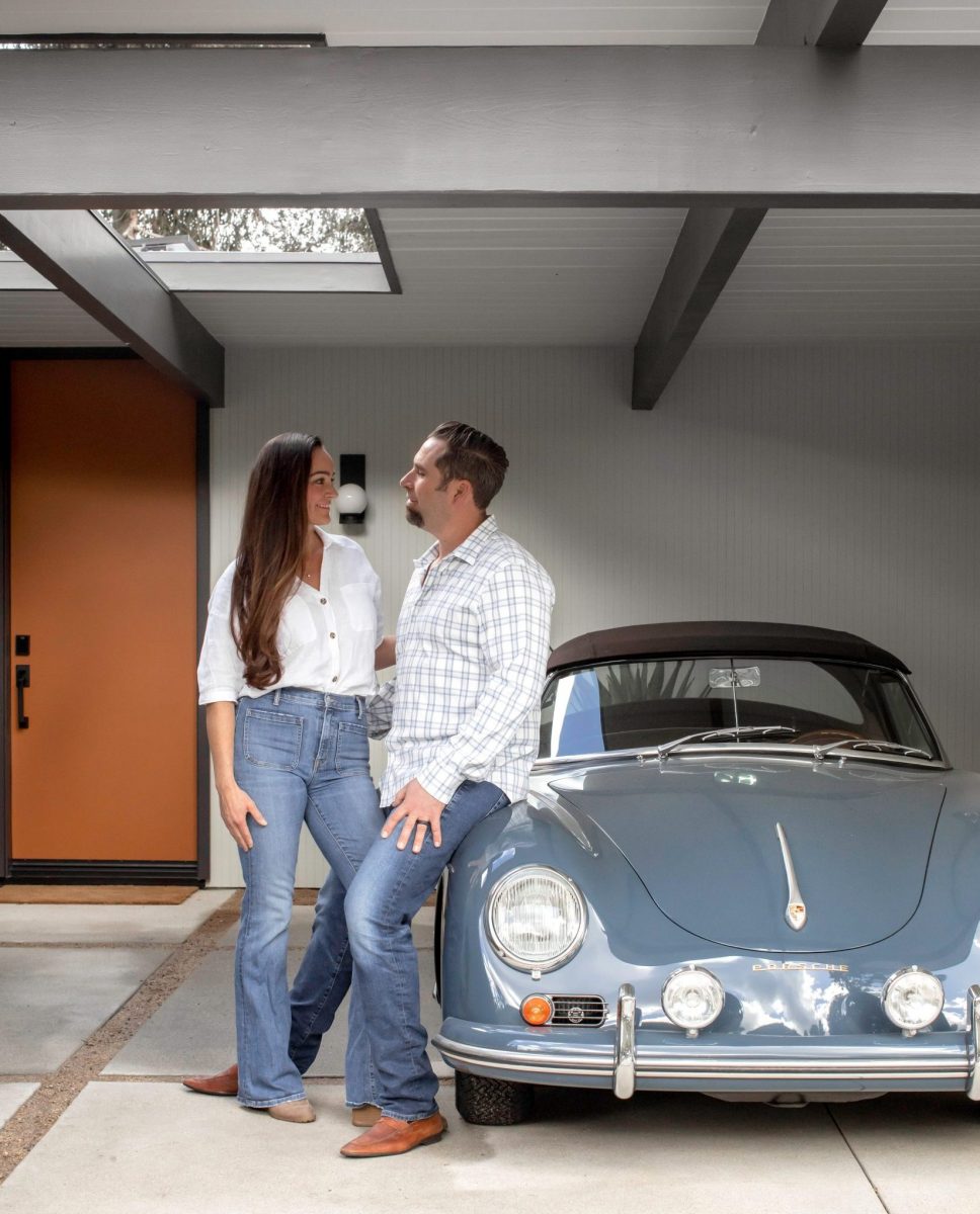Lori and Justin Pecikonis, the owners of JRP Design and Remodel, outside their custom remodeled Eichler Home in Thousand Oaks.