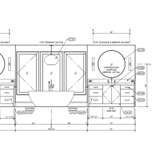 Elegant primary bathroom vanity with double sinks, mirror, and storage.