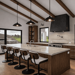 Modern ranch estate kitchen featuring wooden cabinets, large windows, and a spacious island.