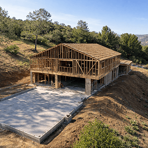 New modern ranch estate with wooden framing and scenic hillside views.