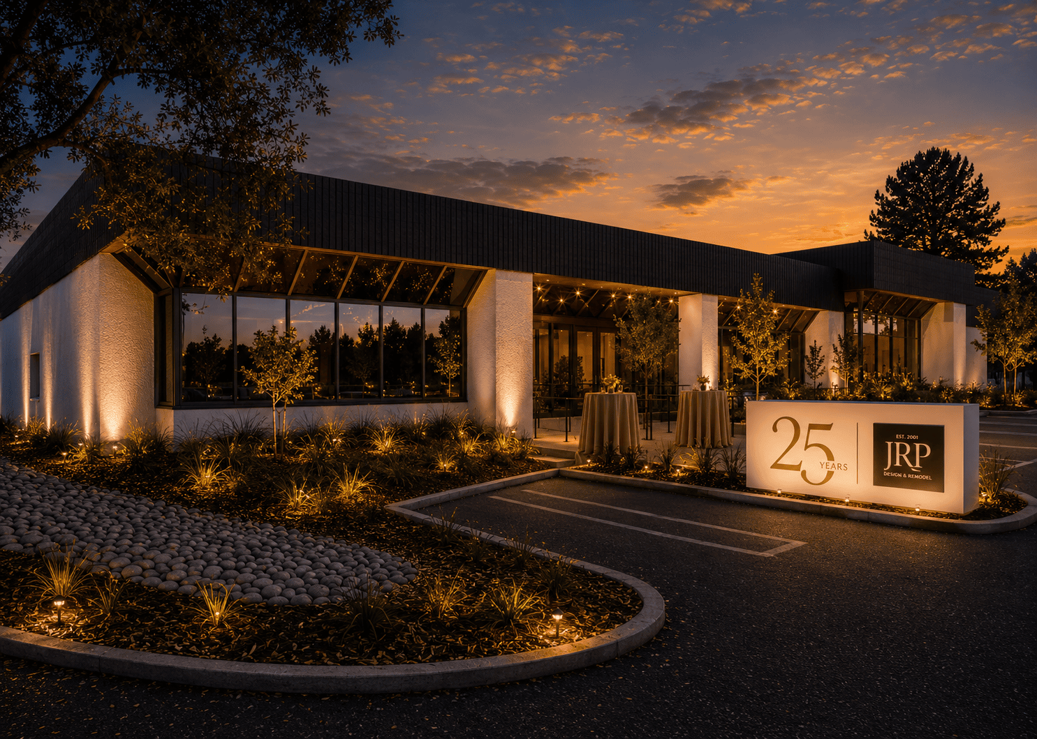 Outdoor event space with lighting and modern architecture for celebrations.