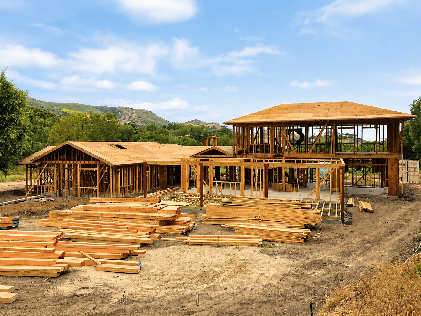 Wooden framework of a modern farmhouse being built on a sunny day.