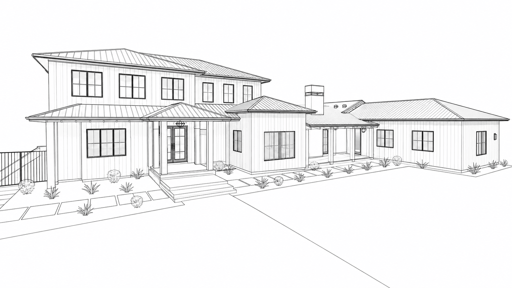 Line drawing of a modern farmhouse with large windows and a spacious porch.
