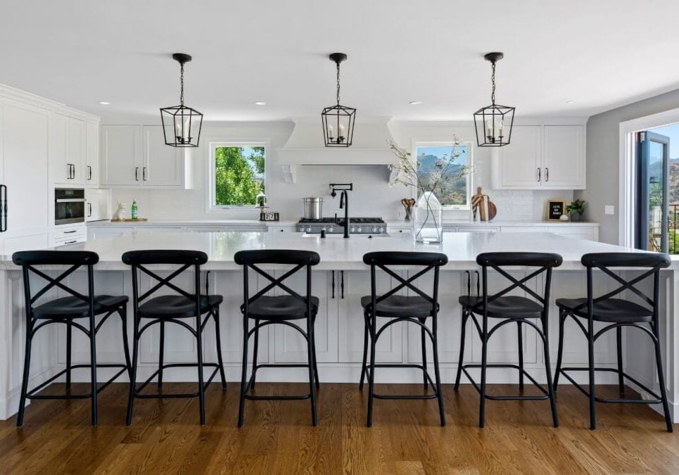 All white open Brookview transitional kitchen remodel with bi fold doors in Westlake Village By JRP Design and Remodel